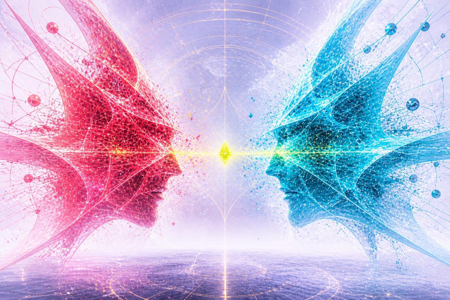 Coral conviction and cyan doubt exchanging an evidence beam through a proof crystal