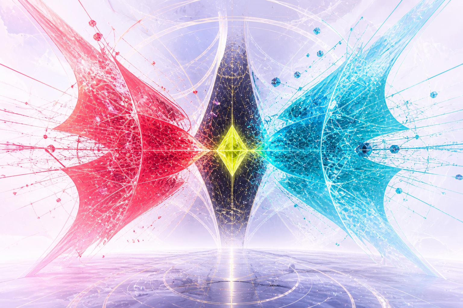 Two mirrored states of one intelligence facing each other across an evidence core
